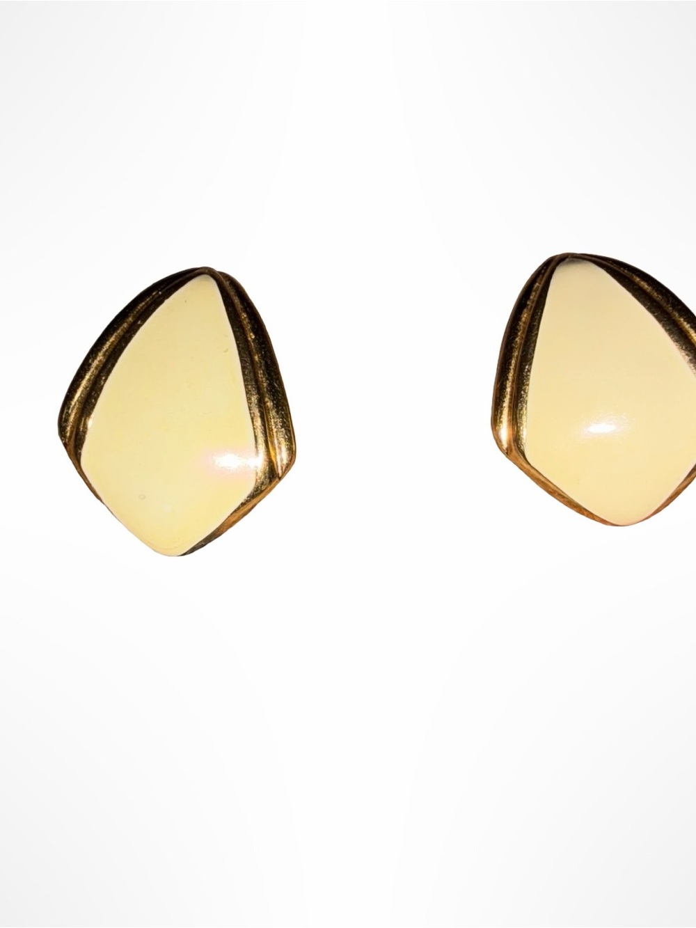 Vintage Monet 1980s Cream Enamel & Gold Tone Geometric Shield Earrings